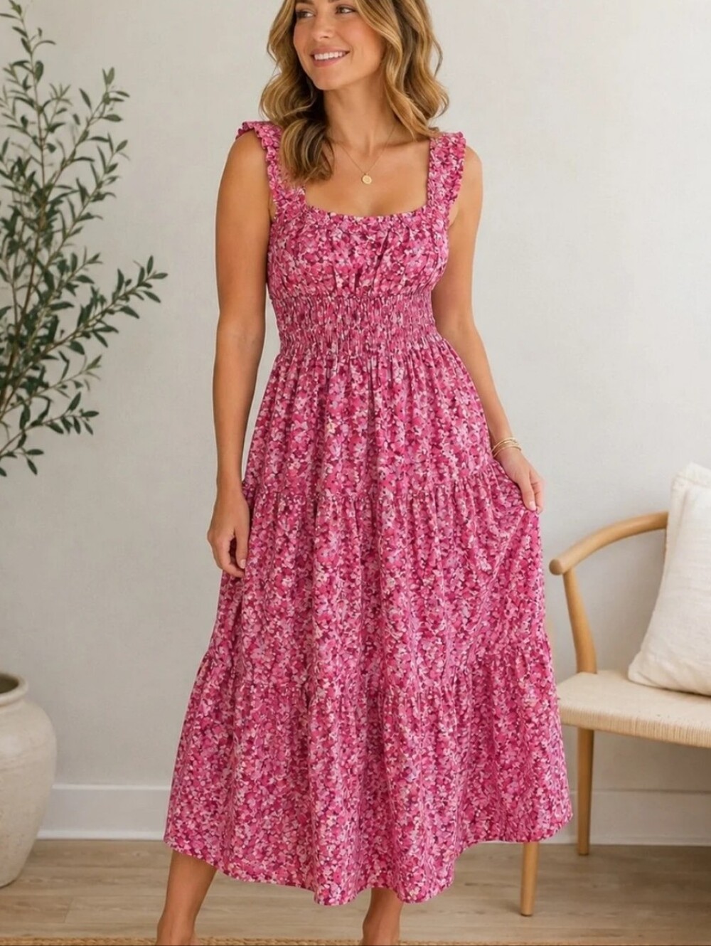 Universal Thread Pink Floral Smocked Midi Dress